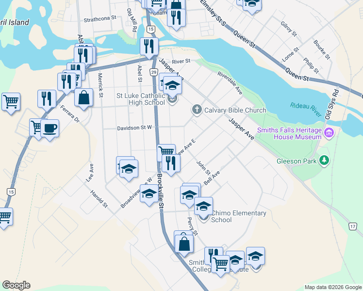 map of restaurants, bars, coffee shops, grocery stores, and more near 12 Florence Street in Smiths Falls