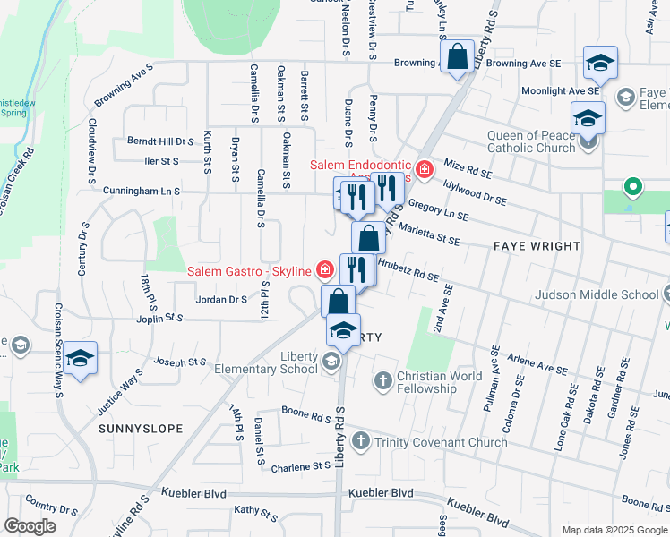 map of restaurants, bars, coffee shops, grocery stores, and more near 4735 Liberty Road South in Salem