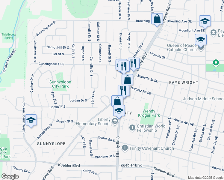 map of restaurants, bars, coffee shops, grocery stores, and more near 4735 Liberty Road South in Salem