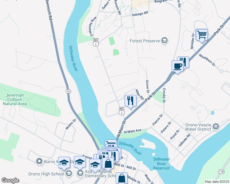 map of restaurants, bars, coffee shops, grocery stores, and more near 1 College Heights in Orono