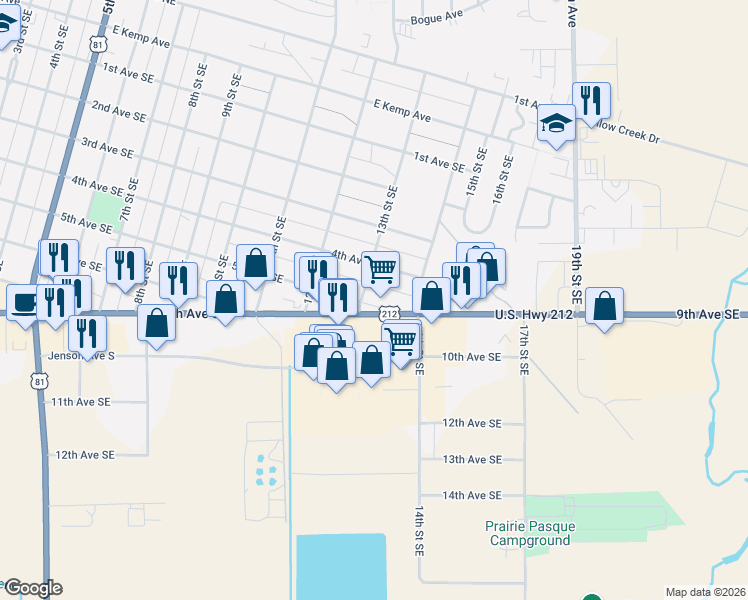 map of restaurants, bars, coffee shops, grocery stores, and more near 1317 5th Avenue Southeast in Watertown
