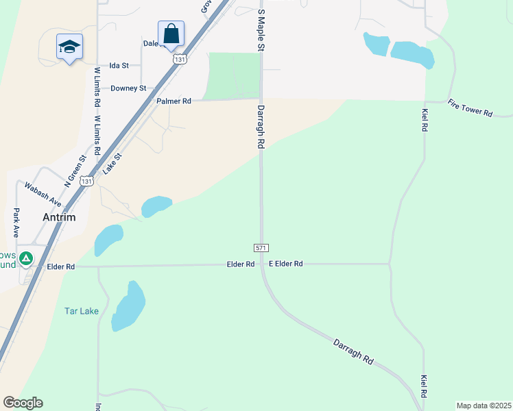 map of restaurants, bars, coffee shops, grocery stores, and more near 9814 County Highway 571 in Mancelona