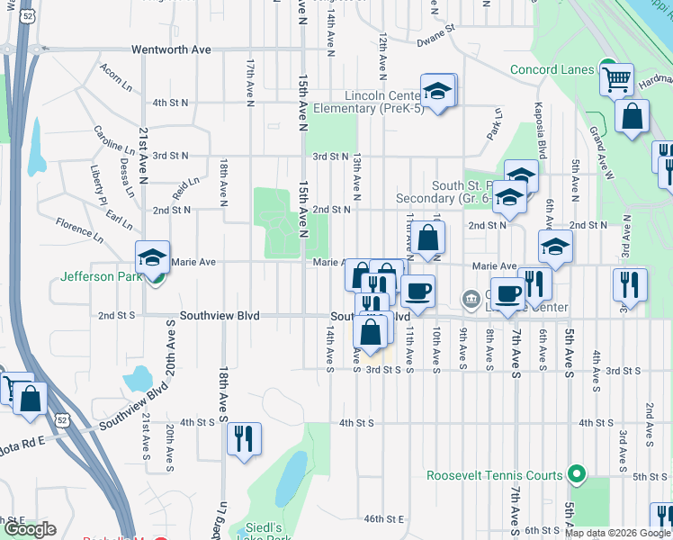map of restaurants, bars, coffee shops, grocery stores, and more near 109 14th Avenue North in South Saint Paul