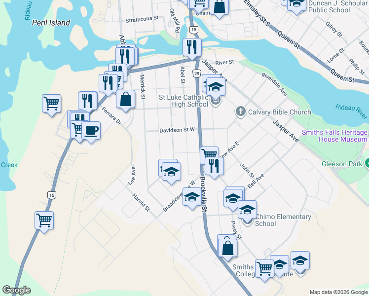map of restaurants, bars, coffee shops, grocery stores, and more near 80 Abel Street in Smiths Falls