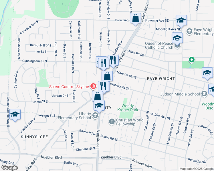 map of restaurants, bars, coffee shops, grocery stores, and more near 4716 Liberty Road South in Salem