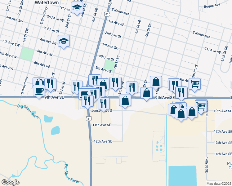 map of restaurants, bars, coffee shops, grocery stores, and more near 699 8th Street Southeast in Watertown