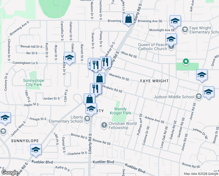 map of restaurants, bars, coffee shops, grocery stores, and more near 145 Hrubetz Road Southeast in Salem