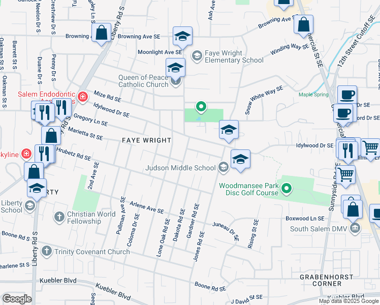 map of restaurants, bars, coffee shops, grocery stores, and more near 410 Gregory Lane Southeast in Salem
