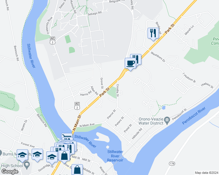 map of restaurants, bars, coffee shops, grocery stores, and more near 70 Park Street in Orono
