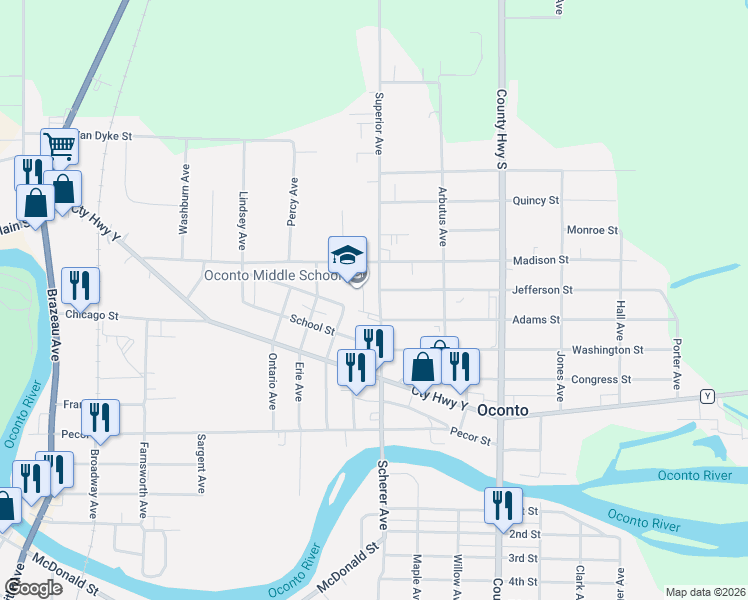 map of restaurants, bars, coffee shops, grocery stores, and more near 509 Superior Avenue in Oconto