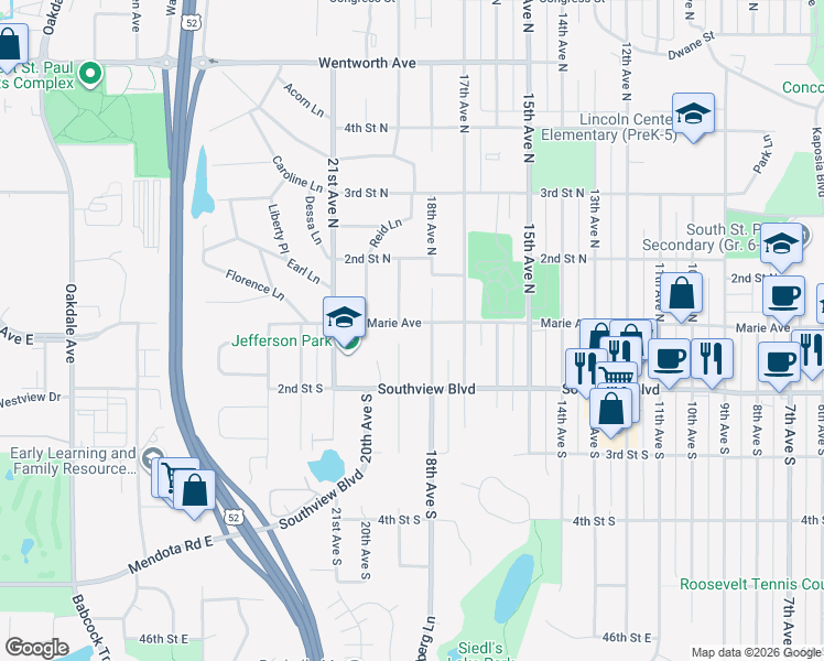 map of restaurants, bars, coffee shops, grocery stores, and more near 1815 Marie Avenue in South Saint Paul