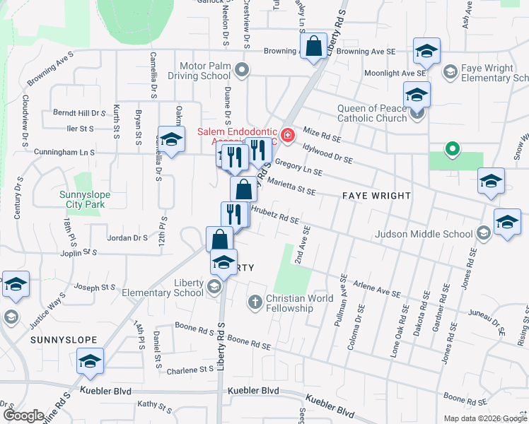 map of restaurants, bars, coffee shops, grocery stores, and more near 133 Hrubetz Road Southeast in Salem