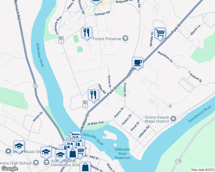 map of restaurants, bars, coffee shops, grocery stores, and more near 5 Grove Street in Orono