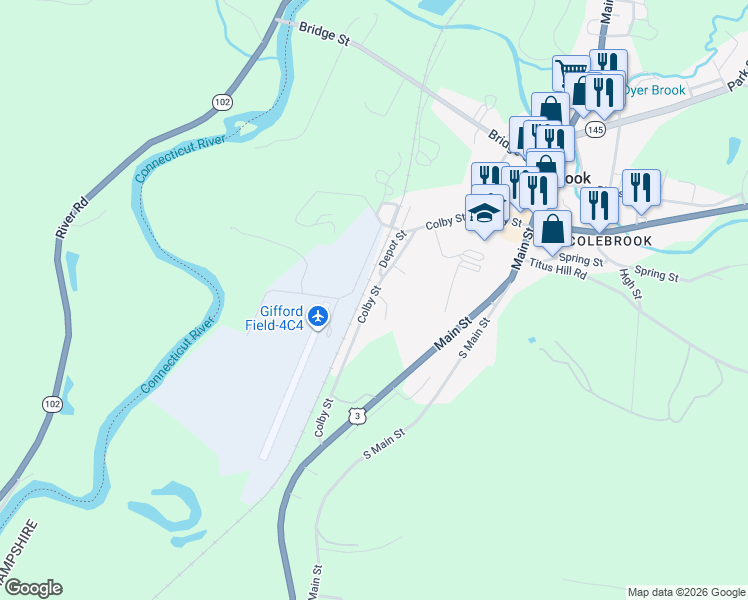 map of restaurants, bars, coffee shops, grocery stores, and more near 93 Colby Street in Colebrook