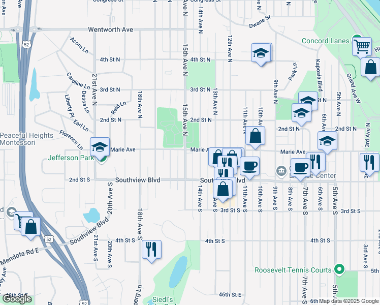 map of restaurants, bars, coffee shops, grocery stores, and more near 109 15th Avenue South in South Saint Paul