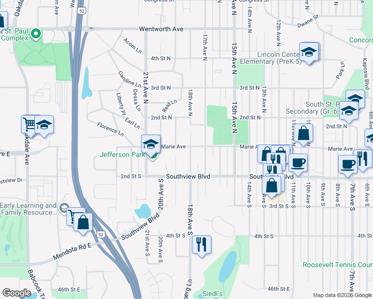 map of restaurants, bars, coffee shops, grocery stores, and more near 1815 Marie Avenue in South Saint Paul