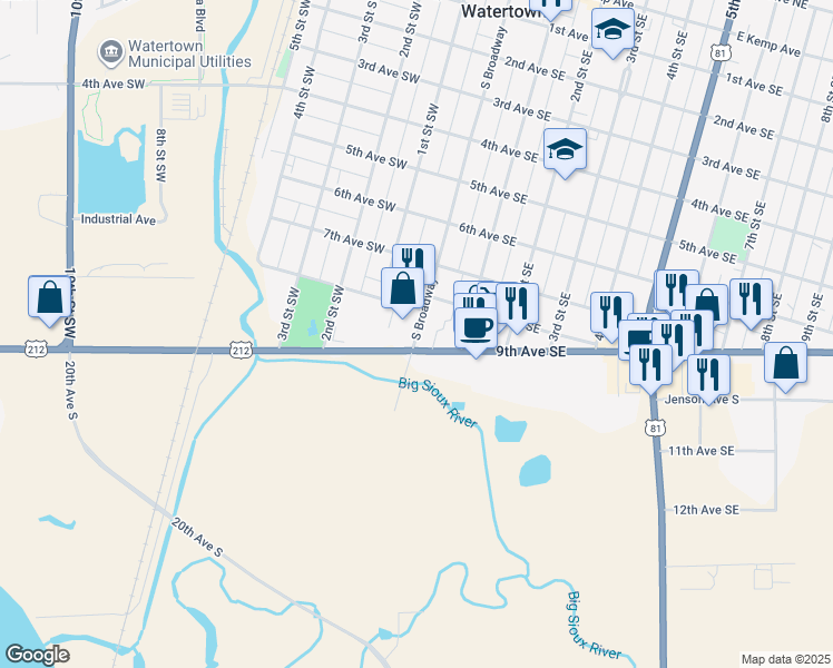 map of restaurants, bars, coffee shops, grocery stores, and more near 867 South Broadway in Watertown