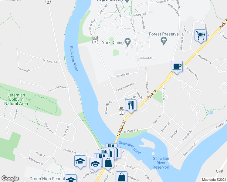map of restaurants, bars, coffee shops, grocery stores, and more near 1 College Heights in Orono