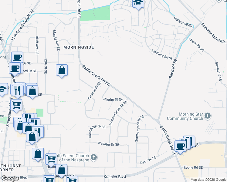 map of restaurants, bars, coffee shops, grocery stores, and more near 4415 Battle Creek Road Southeast in Salem