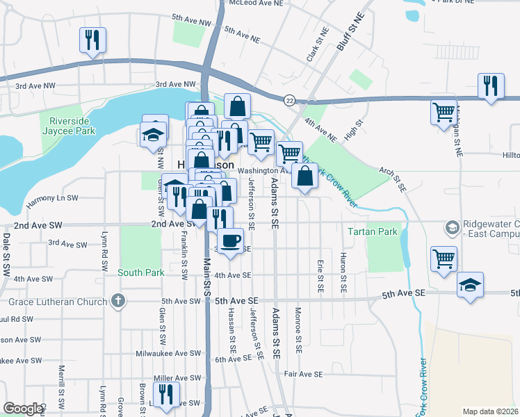 map of restaurants, bars, coffee shops, grocery stores, and more near 115 Jefferson Street Southeast in Hutchinson