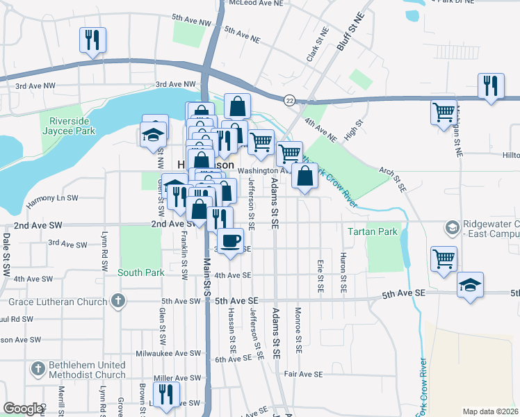 map of restaurants, bars, coffee shops, grocery stores, and more near 115 Jefferson Street Southeast in Hutchinson