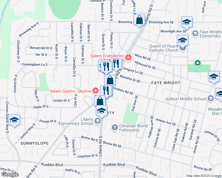 map of restaurants, bars, coffee shops, grocery stores, and more near 4716 Liberty Road South in Salem