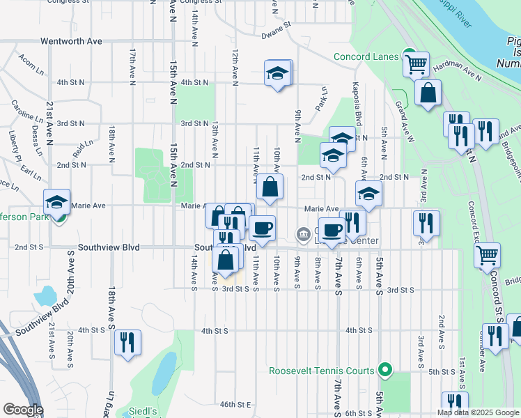 map of restaurants, bars, coffee shops, grocery stores, and more near 1023 Marie Avenue in South Saint Paul