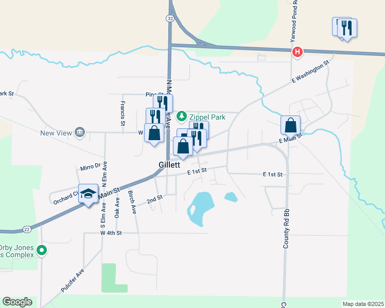 map of restaurants, bars, coffee shops, grocery stores, and more near 137 East Main Street in Gillett