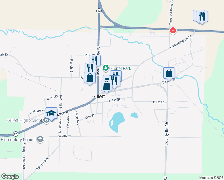 map of restaurants, bars, coffee shops, grocery stores, and more near 134 East Main Street in Gillett