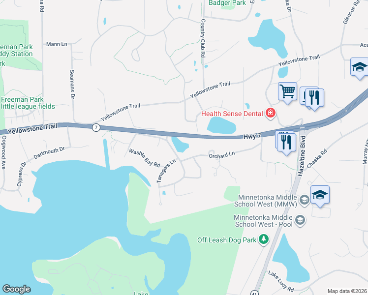 map of restaurants, bars, coffee shops, grocery stores, and more near 2740 Orchard Lane in Excelsior