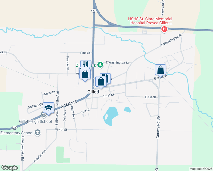 map of restaurants, bars, coffee shops, grocery stores, and more near 137 East Main Street in Gillett
