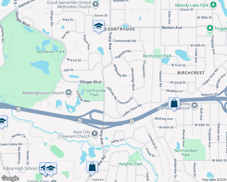 map of restaurants, bars, coffee shops, grocery stores, and more near 6213 Hillside Road in Edina