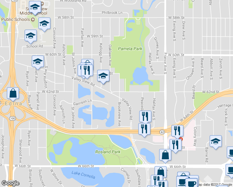 map of restaurants, bars, coffee shops, grocery stores, and more near 4305 West 62nd Street in Minneapolis