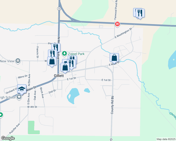 map of restaurants, bars, coffee shops, grocery stores, and more near 300 East Main Street in Gillett