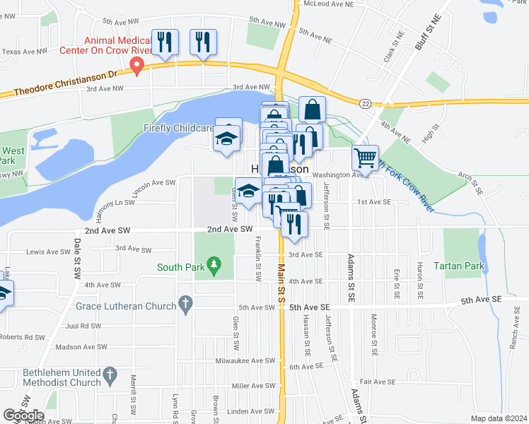map of restaurants, bars, coffee shops, grocery stores, and more near in Hutchinson