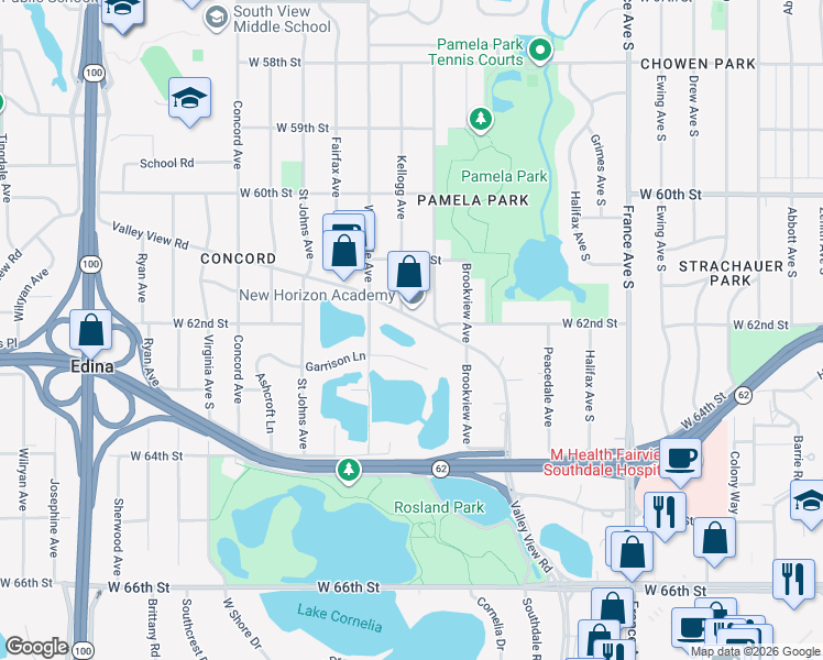 map of restaurants, bars, coffee shops, grocery stores, and more near 4415 Valley View Road in Minneapolis