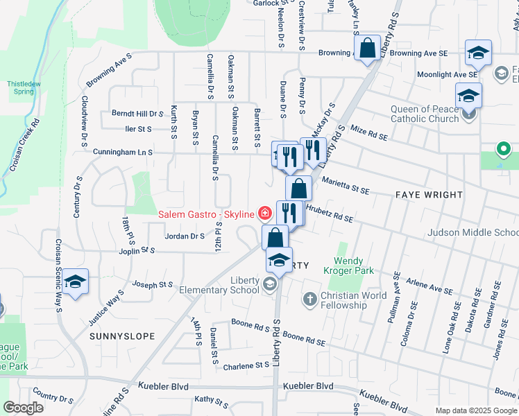 map of restaurants, bars, coffee shops, grocery stores, and more near 4735 Liberty Road South in Salem
