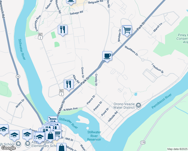 map of restaurants, bars, coffee shops, grocery stores, and more near 4 Crosby Street in Orono