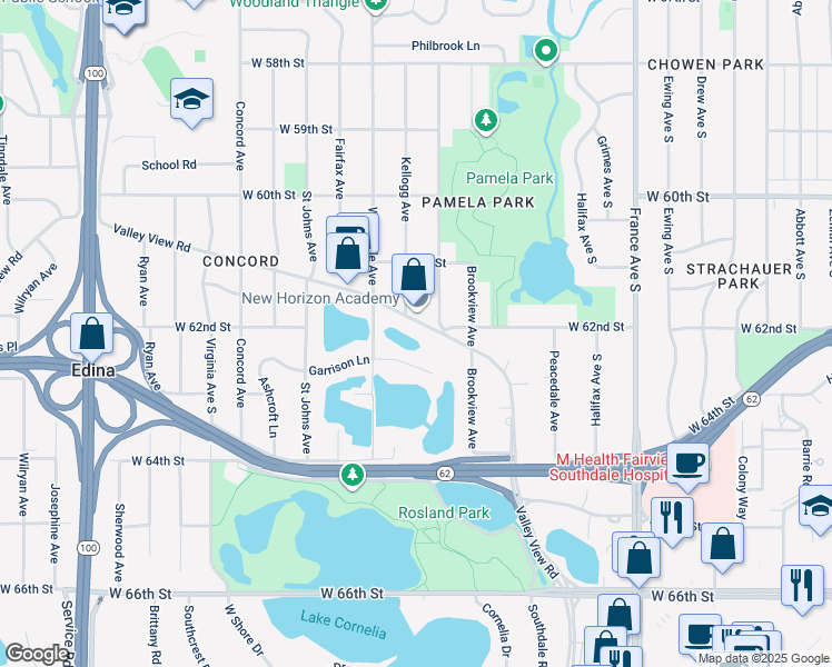 map of restaurants, bars, coffee shops, grocery stores, and more near 4415 Valley View Road in Minneapolis