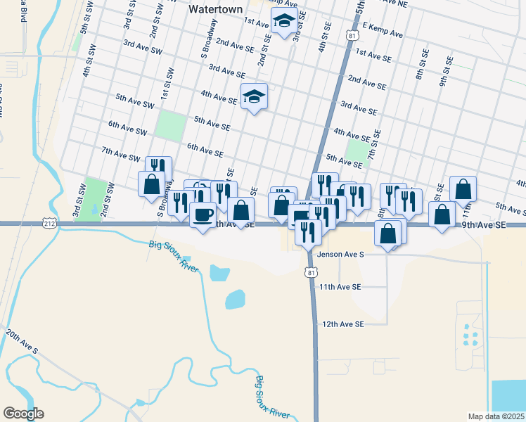 map of restaurants, bars, coffee shops, grocery stores, and more near 701-799 4th Street Southeast in Watertown