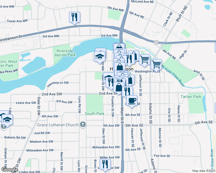 map of restaurants, bars, coffee shops, grocery stores, and more near 135 Glen Street Southwest in Hutchinson