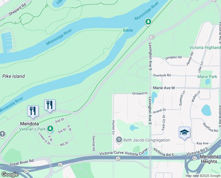 map of restaurants, bars, coffee shops, grocery stores, and more near 1819 Hunter Lane in Mendota Heights