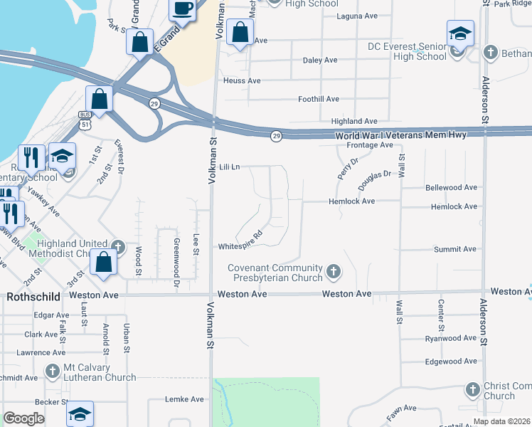 map of restaurants, bars, coffee shops, grocery stores, and more near 7345 Whitespire Road in Schofield