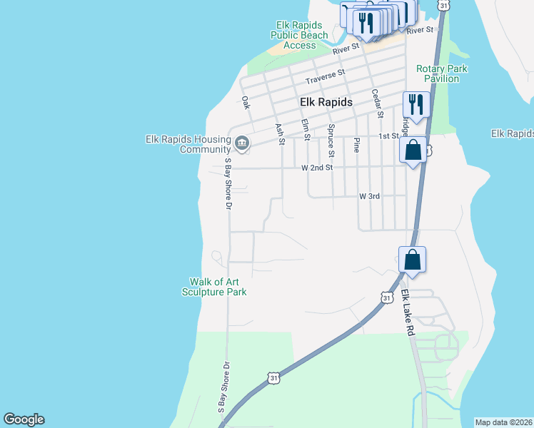 map of restaurants, bars, coffee shops, grocery stores, and more near 705 West 4th Street in Elk Rapids