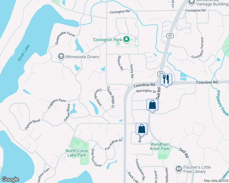 map of restaurants, bars, coffee shops, grocery stores, and more near 94 Shasta Circle East in Chanhassen