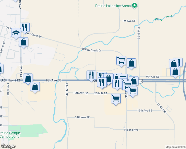 map of restaurants, bars, coffee shops, grocery stores, and more near 26th Street Southeast in Watertown