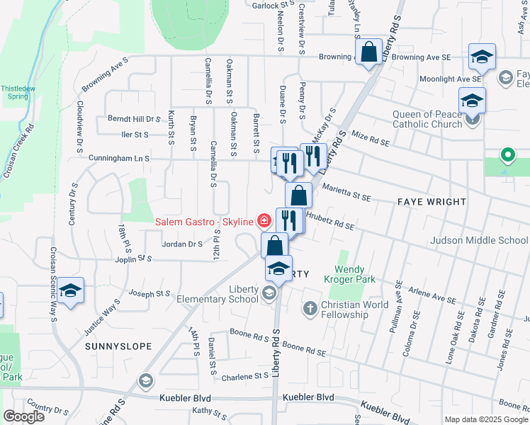 map of restaurants, bars, coffee shops, grocery stores, and more near 4735 Liberty Road South in Salem