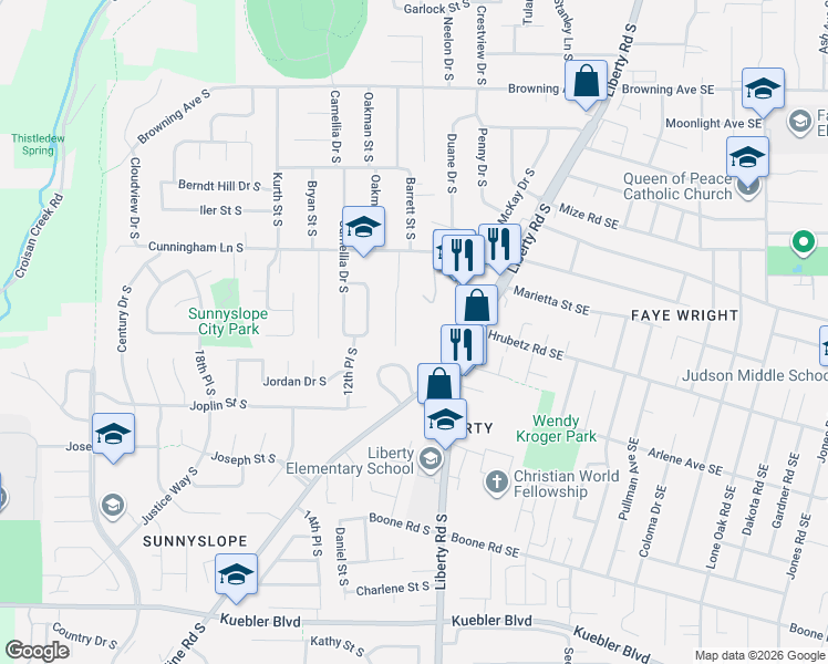 map of restaurants, bars, coffee shops, grocery stores, and more near 4735 Liberty Road South in Salem
