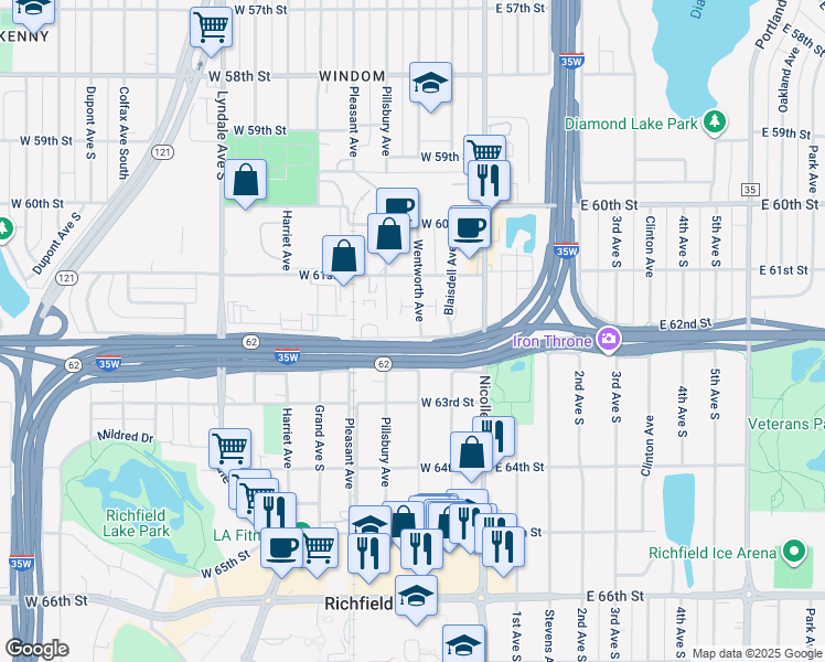 map of restaurants, bars, coffee shops, grocery stores, and more near 122 West 62nd Street in Minneapolis