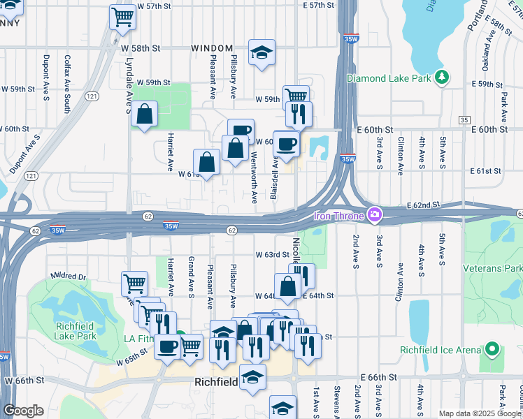 map of restaurants, bars, coffee shops, grocery stores, and more near 122 West 62nd Street in Minneapolis